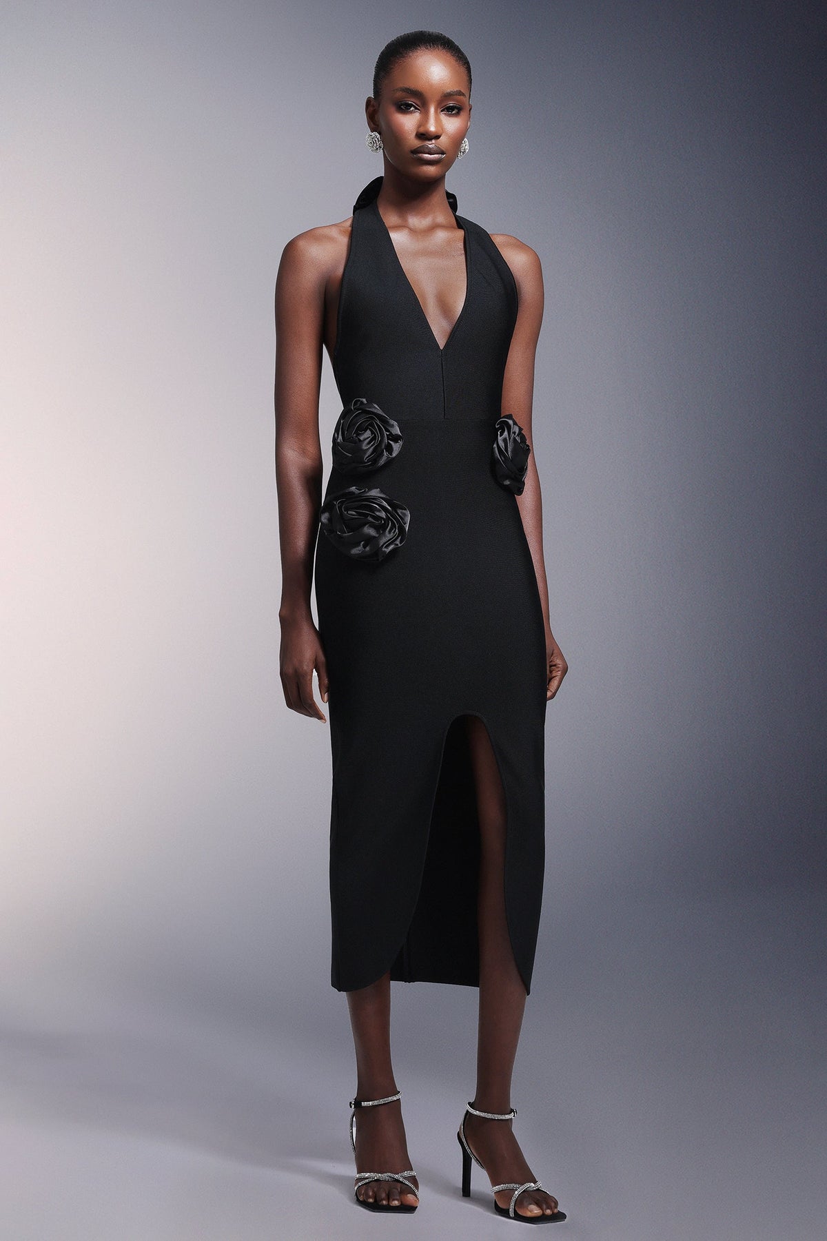 Halter Neck Deep V-Neck Rosette Applique Center Slit Bandage Midi Dress