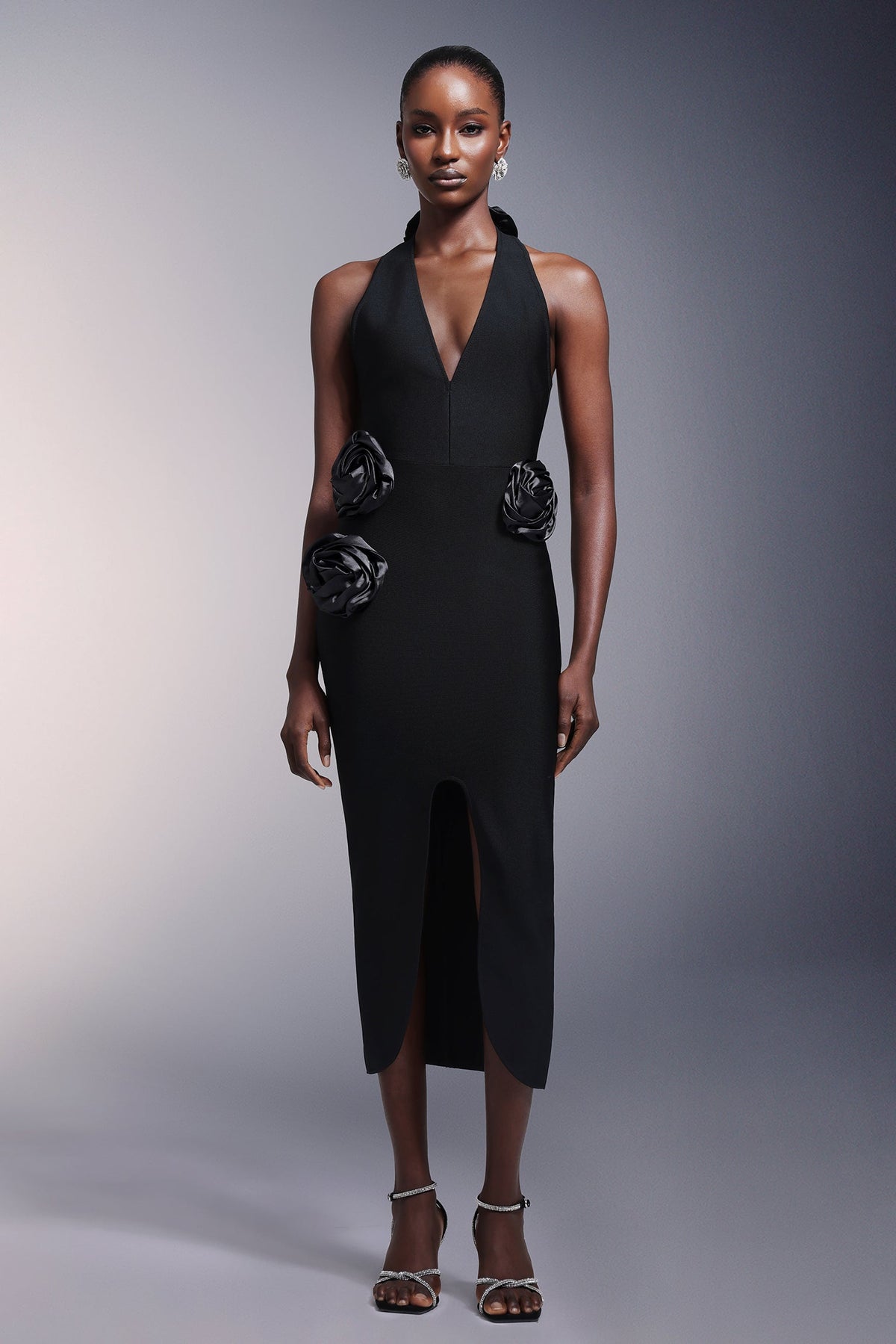 Halter Neck Deep V-Neck Rosette Applique Center Slit Bandage Midi Dress