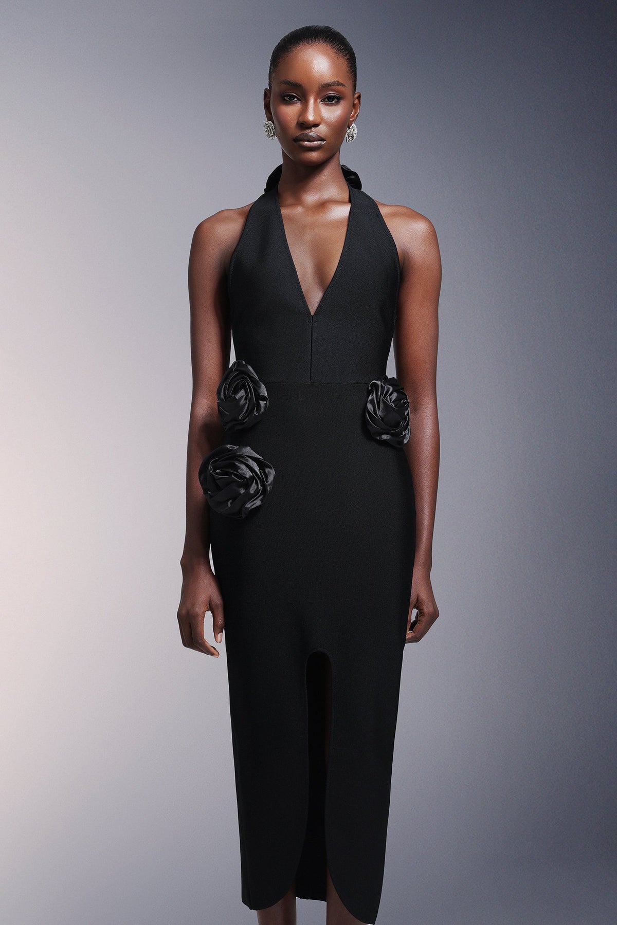 Halter Neck Deep V-Neck Rosette Applique Center Slit Bandage Midi Dress