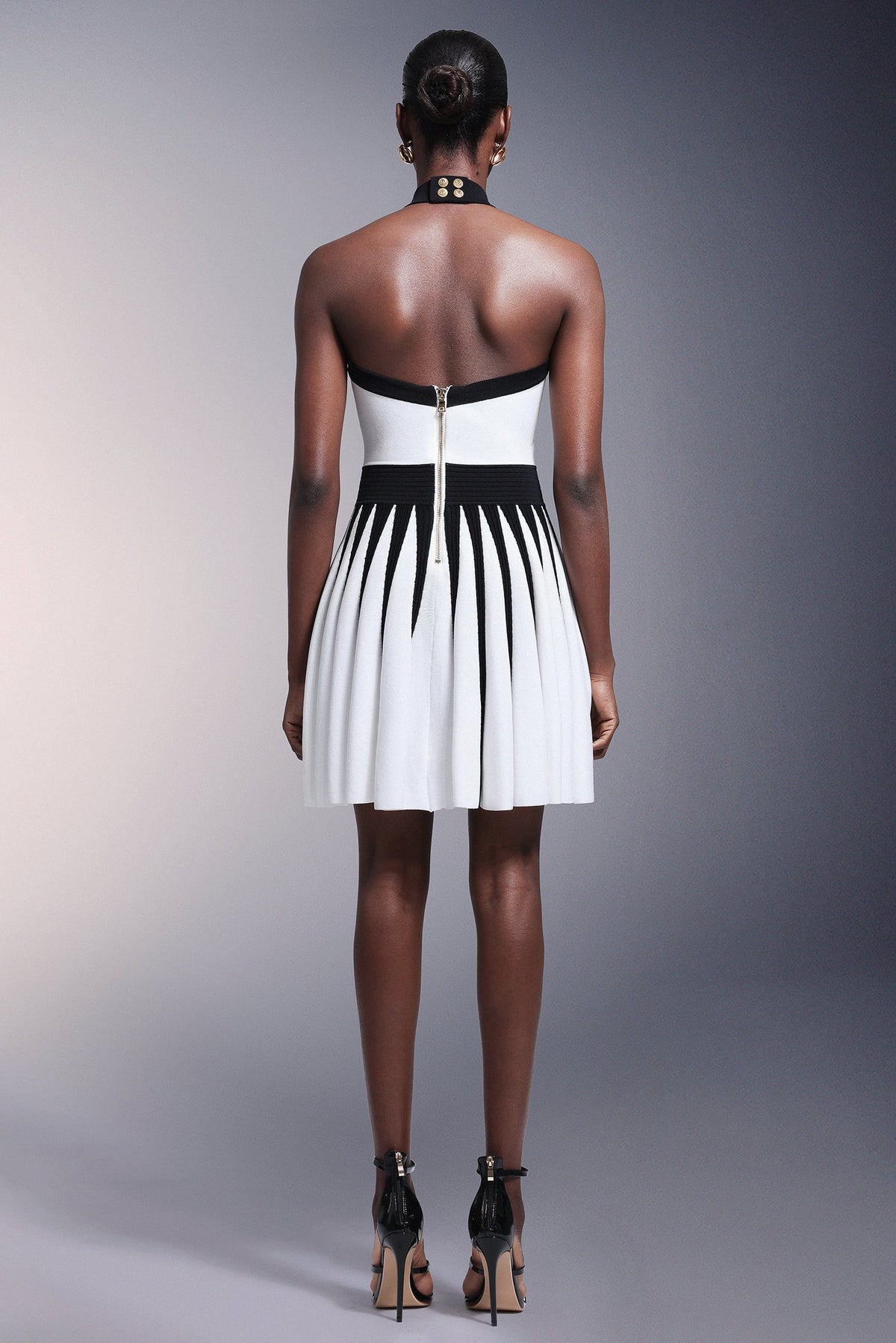 Halter High Neck 3D Rosette Metal Button Vertical Panel Pleated Mini Dress
