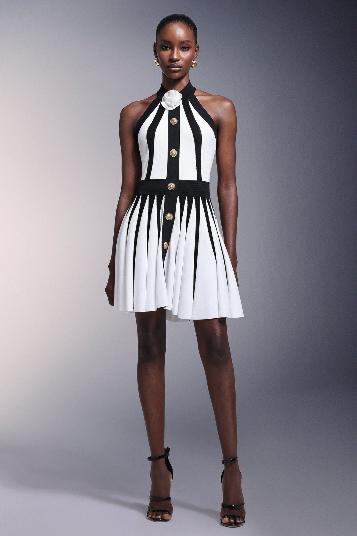 Halter High Neck 3D Rosette Metal Button Vertical Panel Pleated Mini Dress