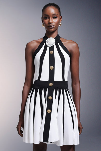 Halter High Neck 3D Rosette Metal Button Vertical Panel Pleated Mini Dress