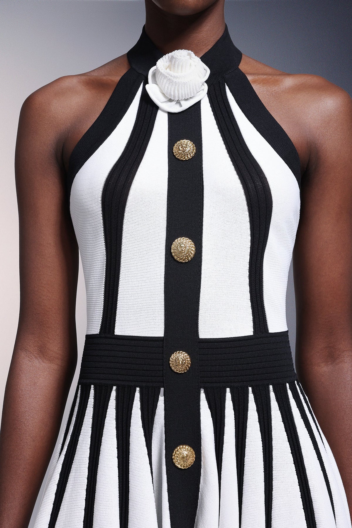 Halter High Neck 3D Rosette Metal Button Vertical Panel Pleated Mini Dress
