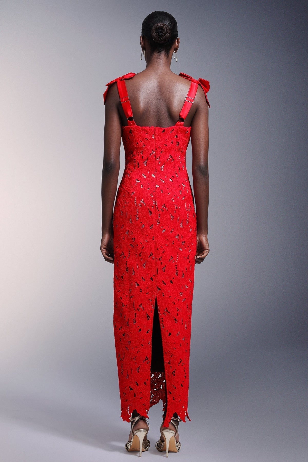 Square Neck Bow Shoulder Floral Lace Maxi Dress