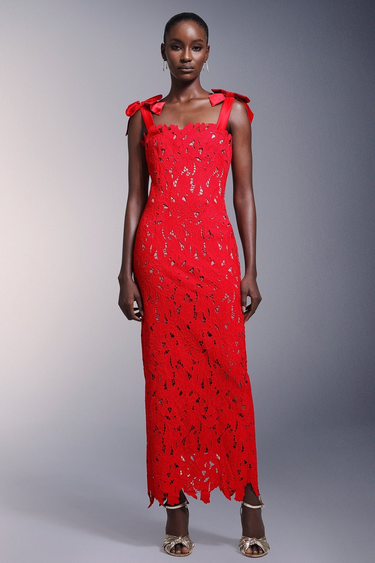 Square Neck Bow Shoulder Floral Lace Maxi Dress