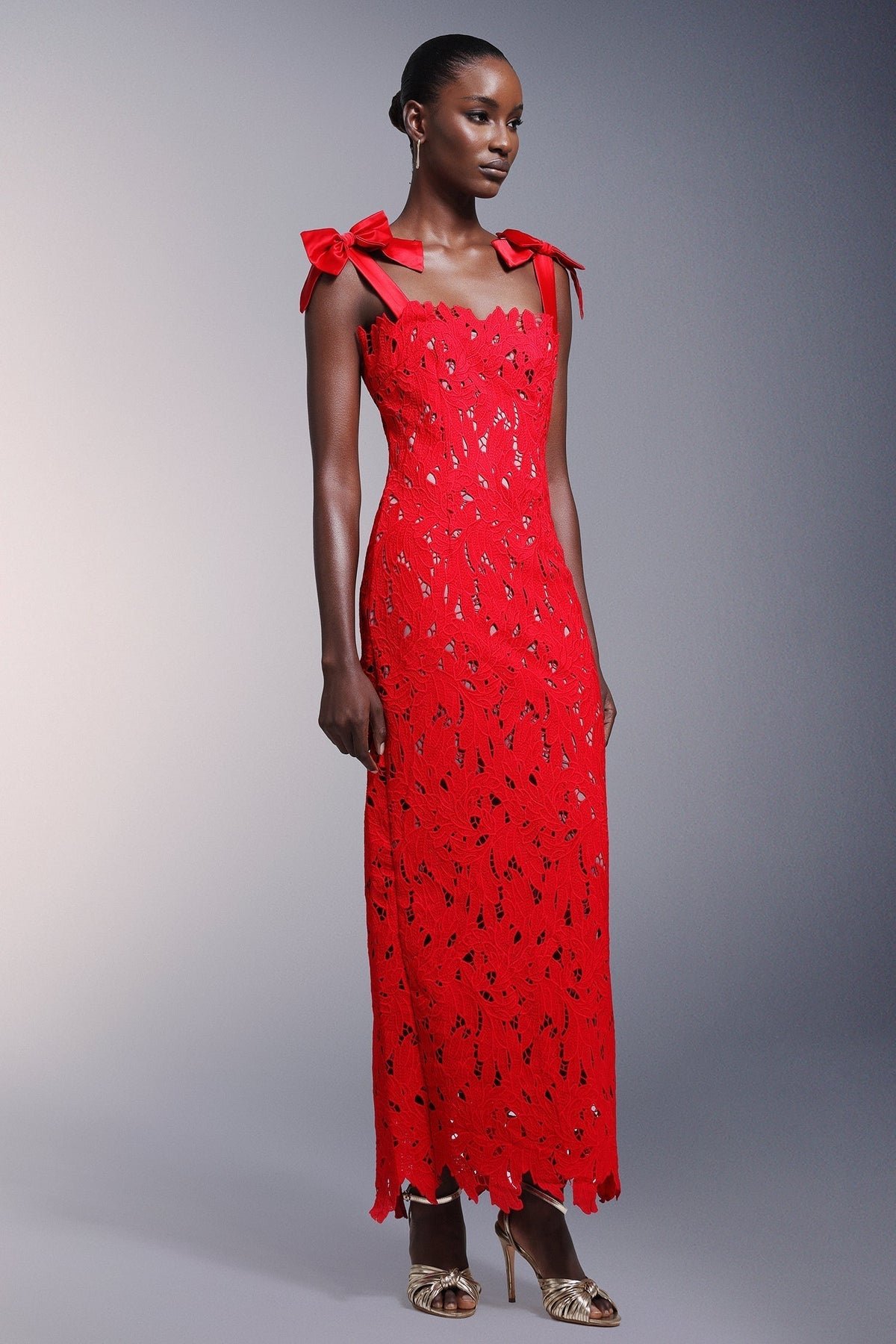Square Neck Bow Shoulder Floral Lace Maxi Dress