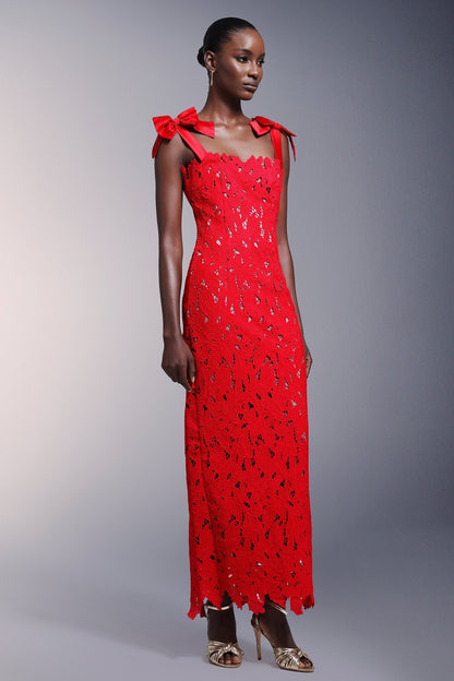 Square Neck Bow Shoulder Floral Lace Maxi Dress