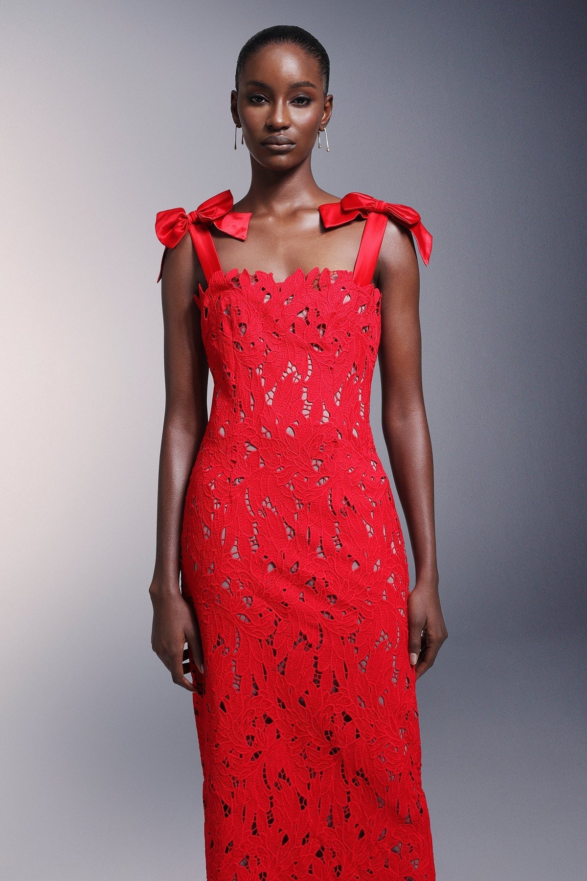 Square Neck Bow Shoulder Floral Lace Maxi Dress