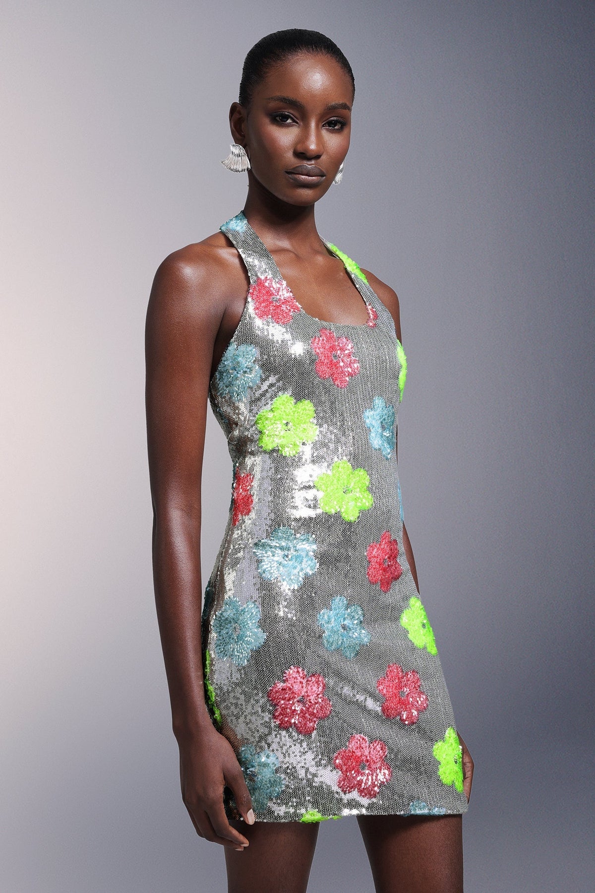 Scoop Neck Wide Strap Floral Sequin Shift Mini Dress