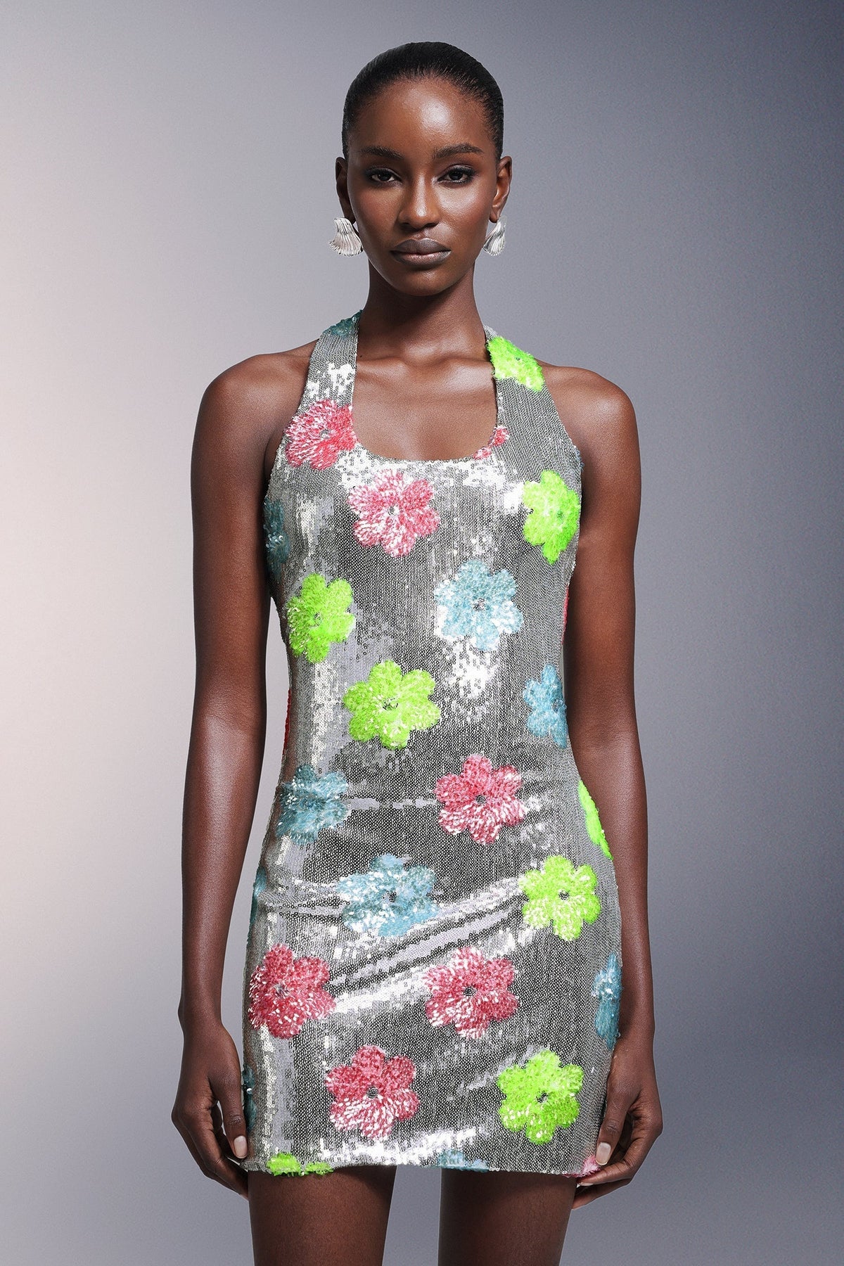 Scoop Neck Wide Strap Floral Sequin Shift Mini Dress