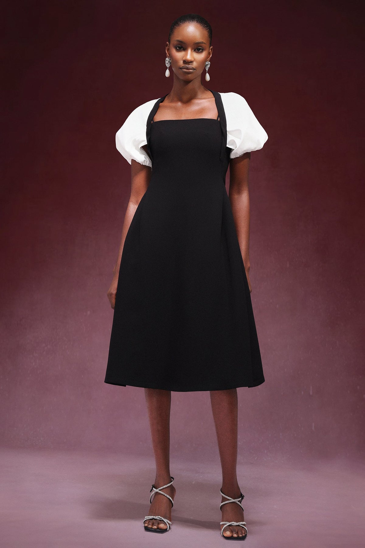 Square Collar Short Sleeve Button Front Midi Dress
