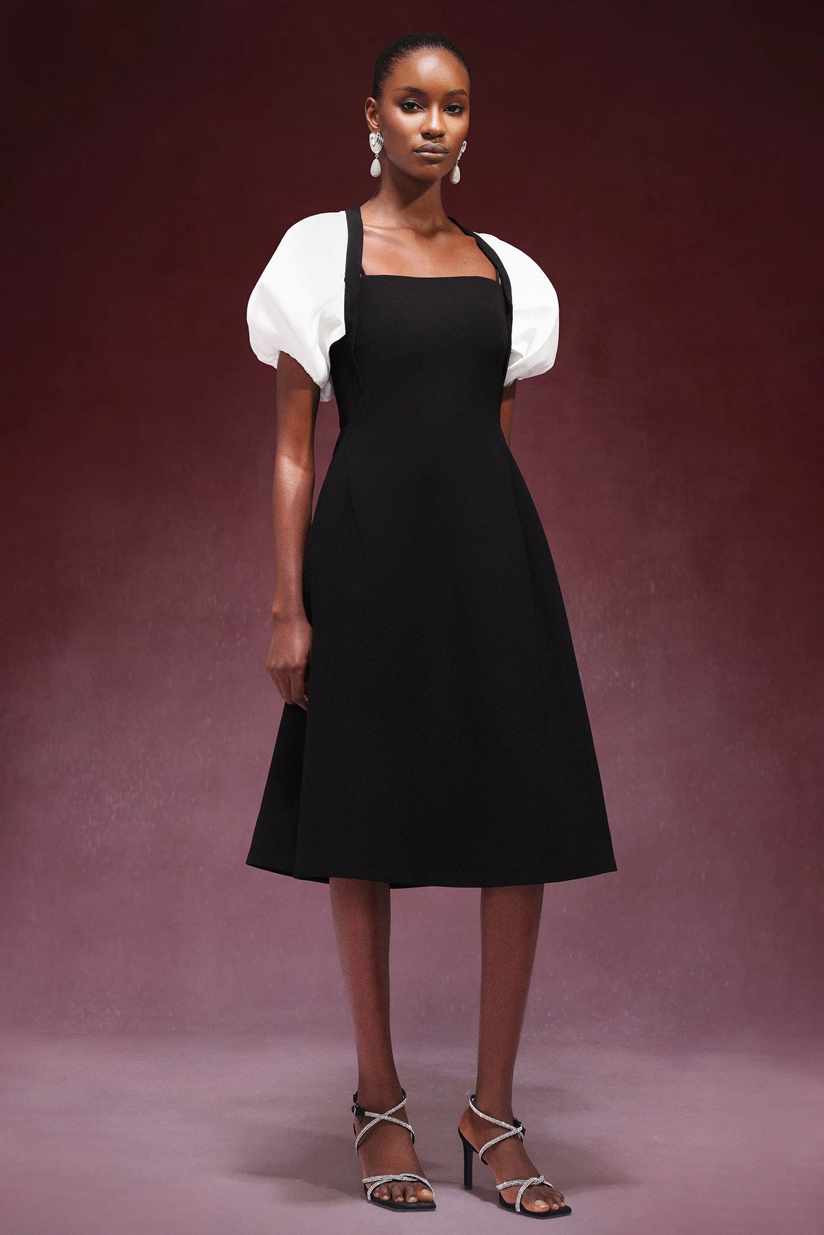 Square Collar Short Sleeve Button Front Midi Dress