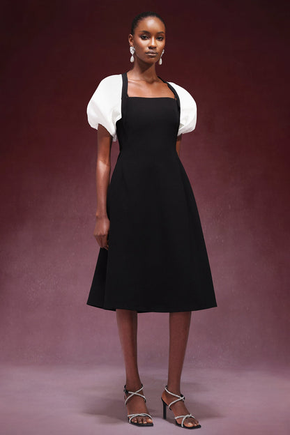 Square Collar Short Sleeve Button Front Midi Dress