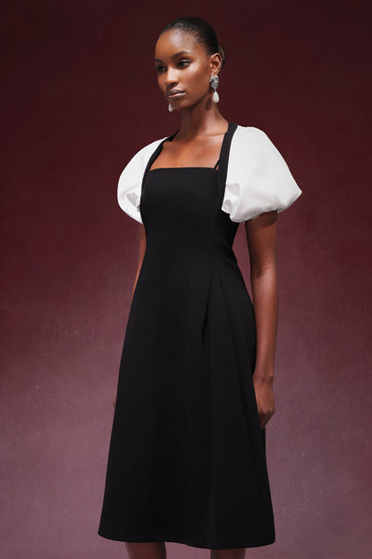 Square Collar Short Sleeve Button Front Midi Dress