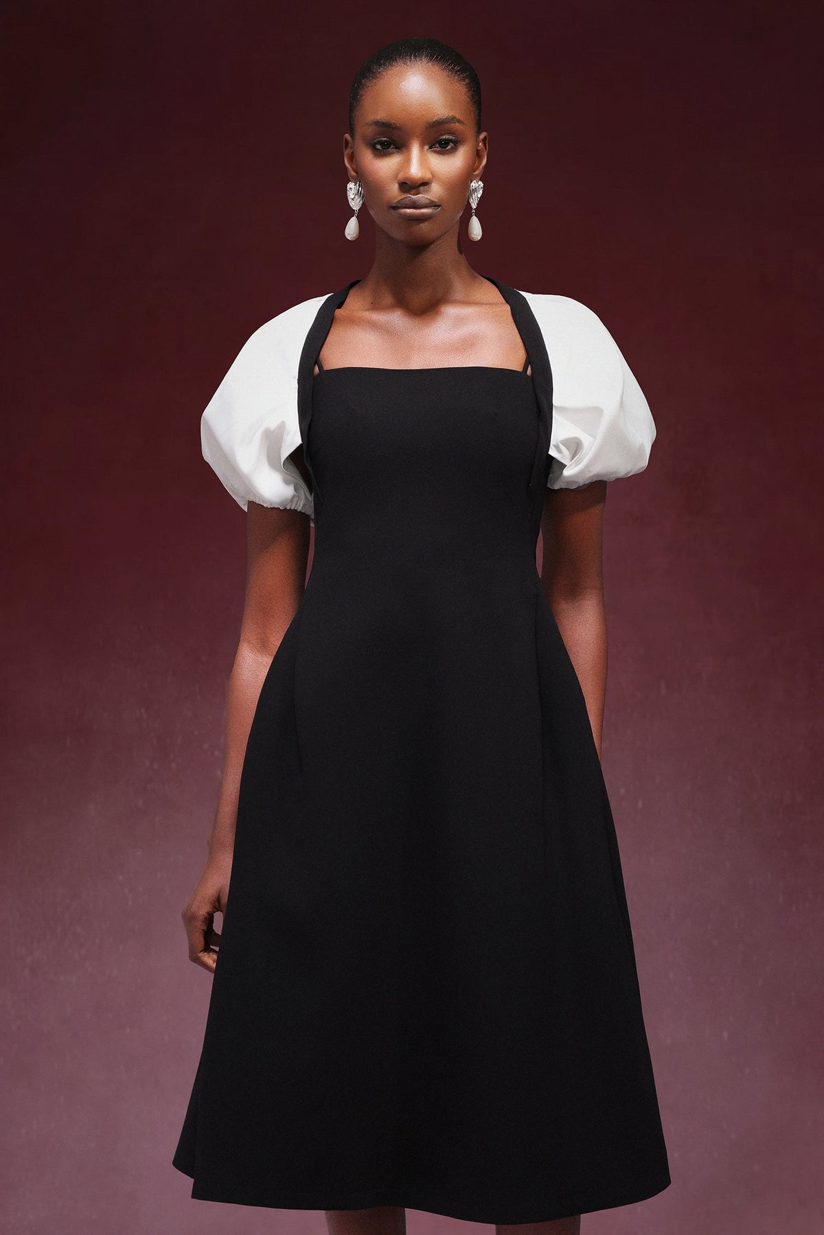 Square Collar Short Sleeve Button Front Midi Dress