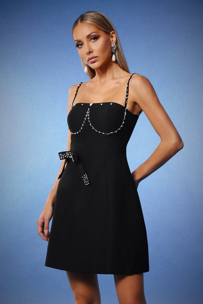 Square Neck Pearl Chain Bow Waist Embellished A-Line Mini Dress