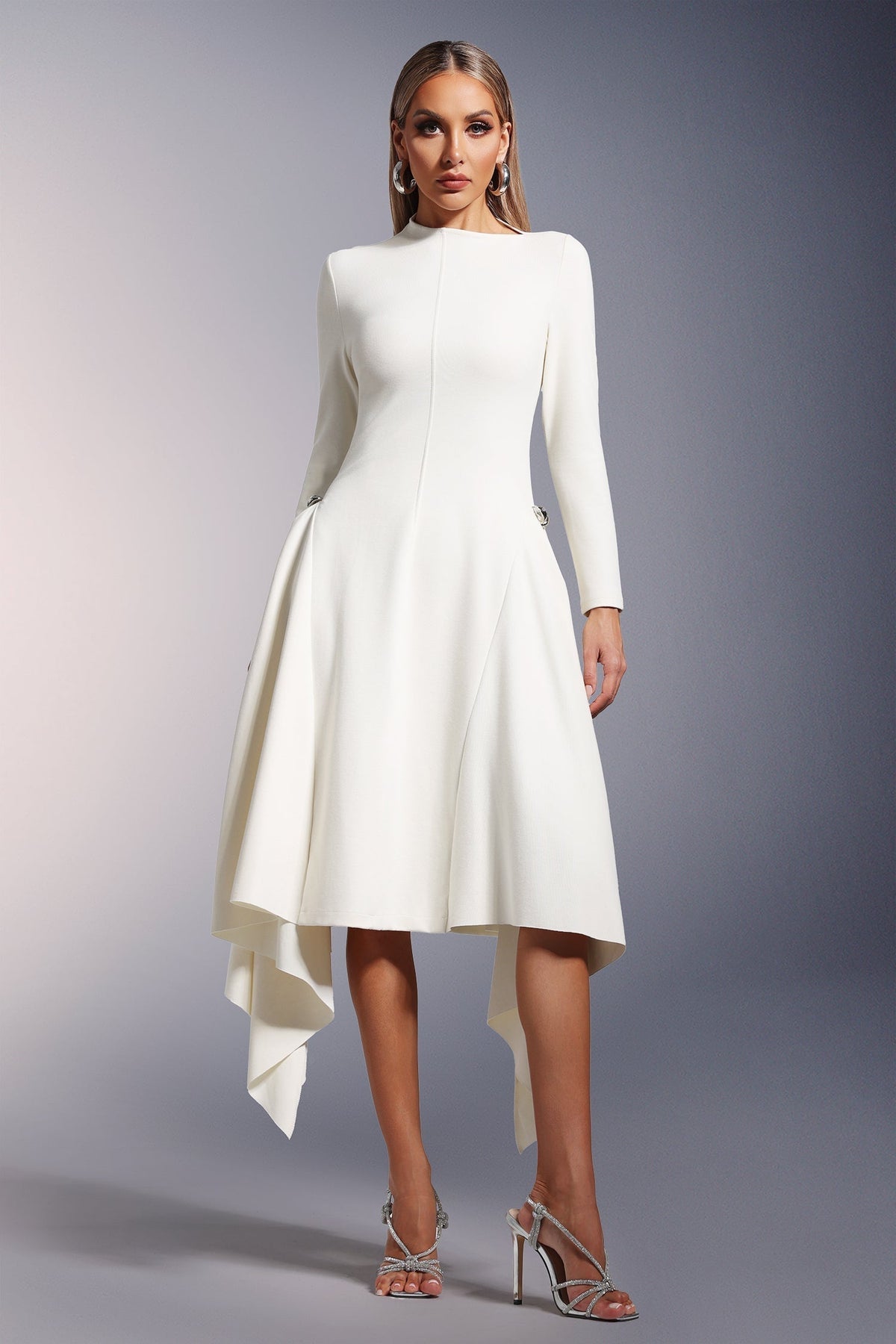 Mock Neck Long Sleeve Asymmetric Drape Panel Midi Dress