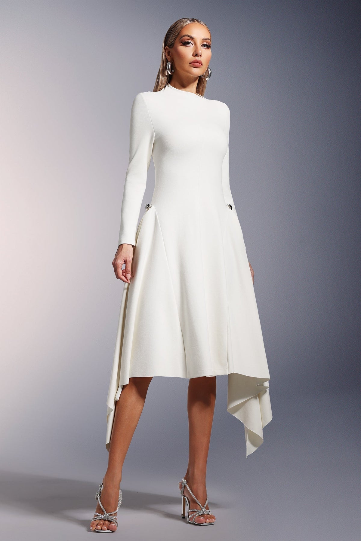 Mock Neck Long Sleeve Asymmetric Drape Panel Midi Dress
