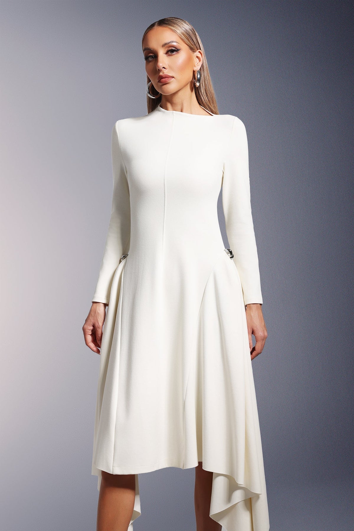 Mock Neck Long Sleeve Asymmetric Drape Panel Midi Dress