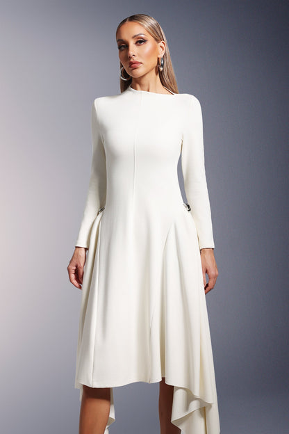Mock Neck Long Sleeve Asymmetric Drape Panel Midi Dress