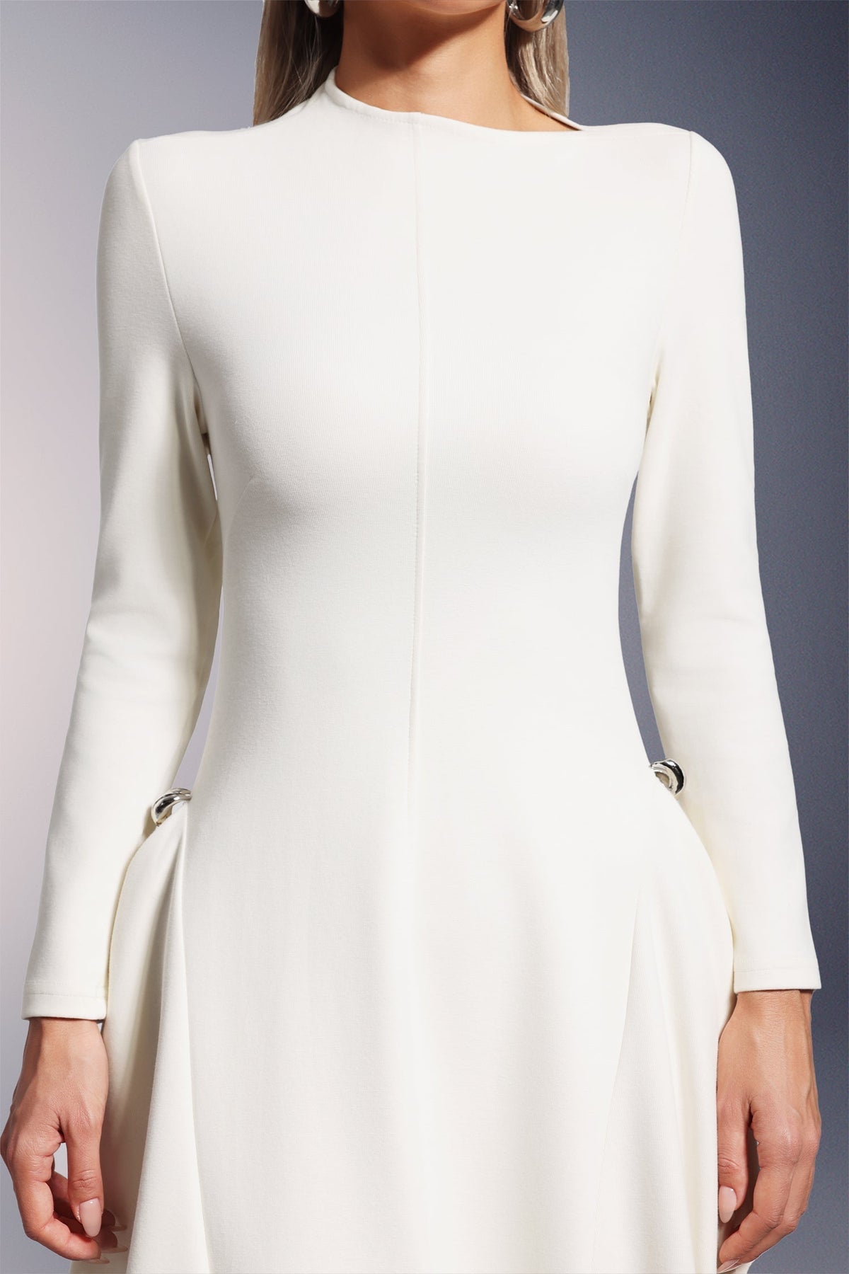 Mock Neck Long Sleeve Asymmetric Drape Panel Midi Dress