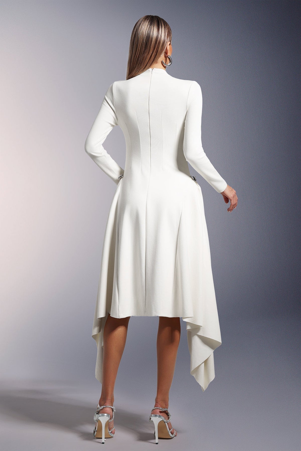 Mock Neck Long Sleeve Asymmetric Drape Panel Midi Dress