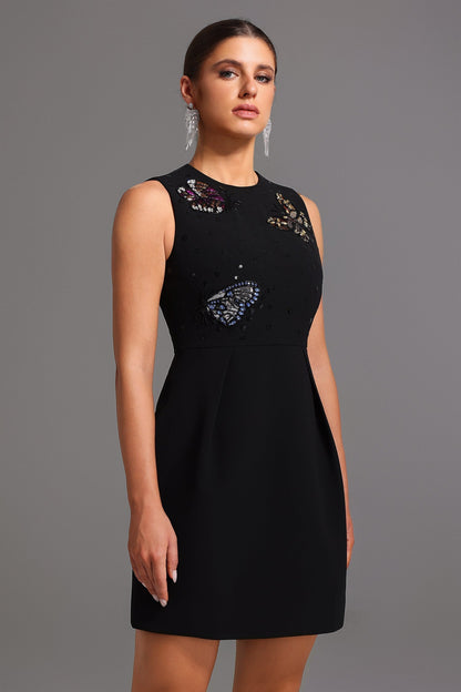 Round Neck Butterfly Applique Sequin Structured Mini Dress