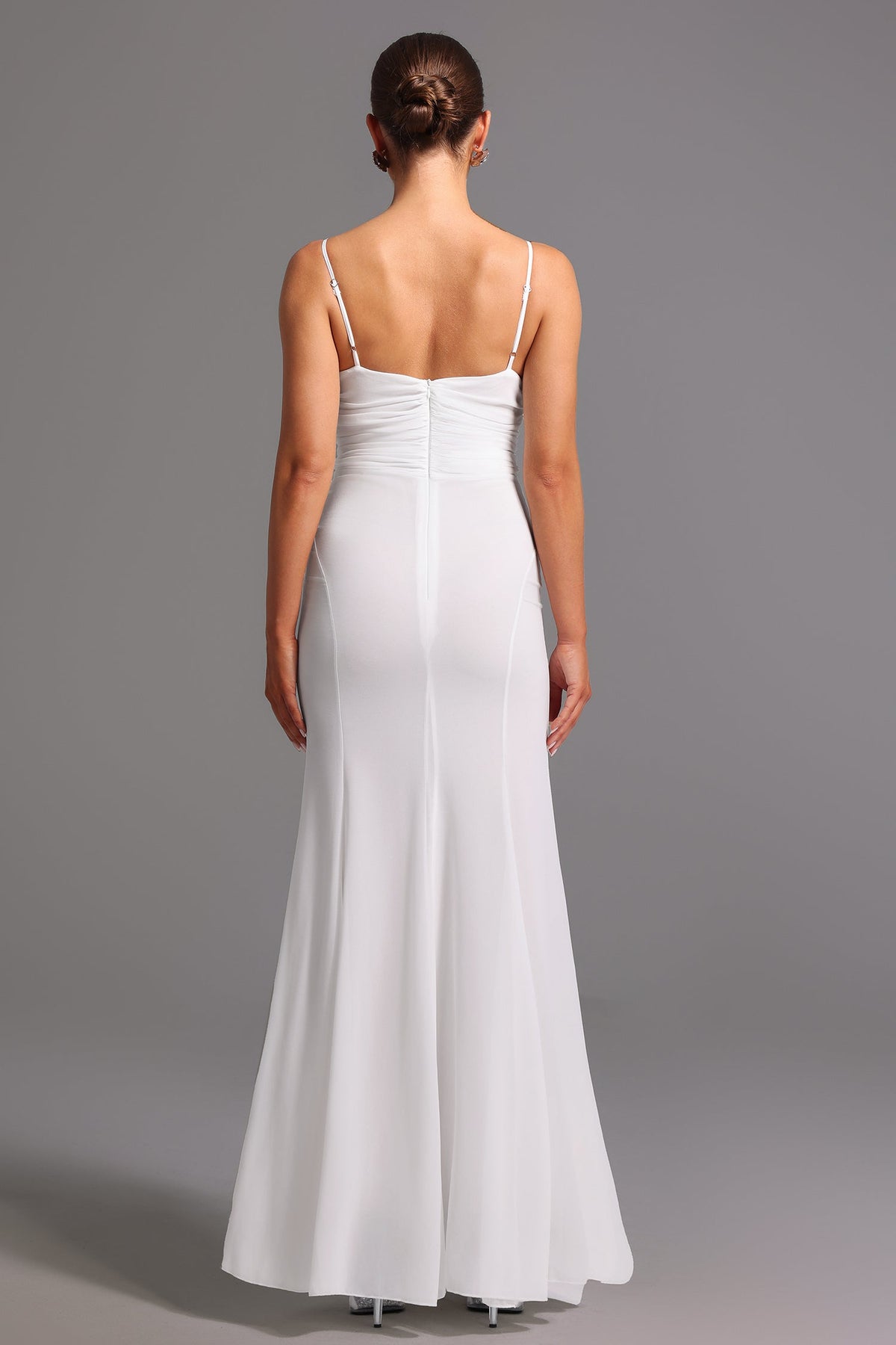 Spaghetti Strap Rosette Ruffle Cascade Chiffon Maxi Gown