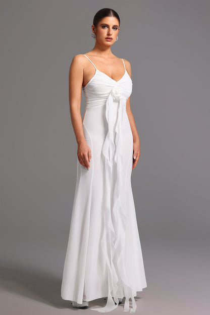 Spaghetti Strap Rosette Ruffle Cascade Chiffon Maxi Gown