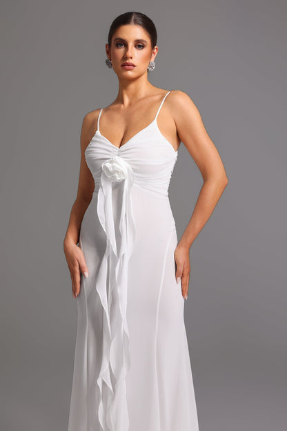 Spaghetti Strap Rosette Ruffle Cascade Chiffon Maxi Gown