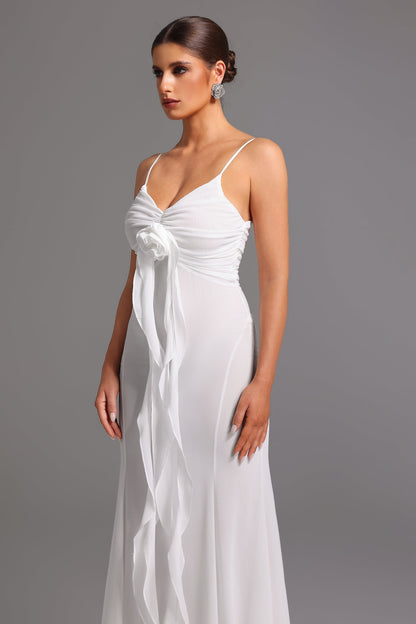 Spaghetti Strap Rosette Ruffle Cascade Chiffon Maxi Gown