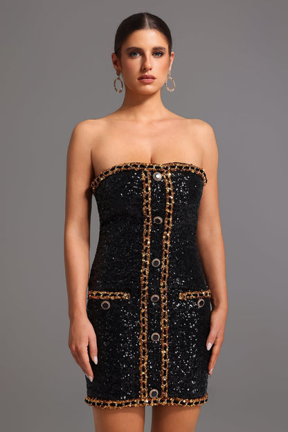 Strapless Sequin Chain Trim Button Front Mini Dress