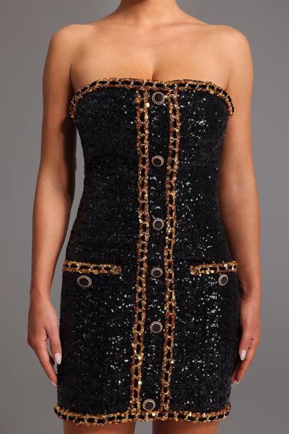 Strapless Sequin Chain Trim Button Front Mini Dress