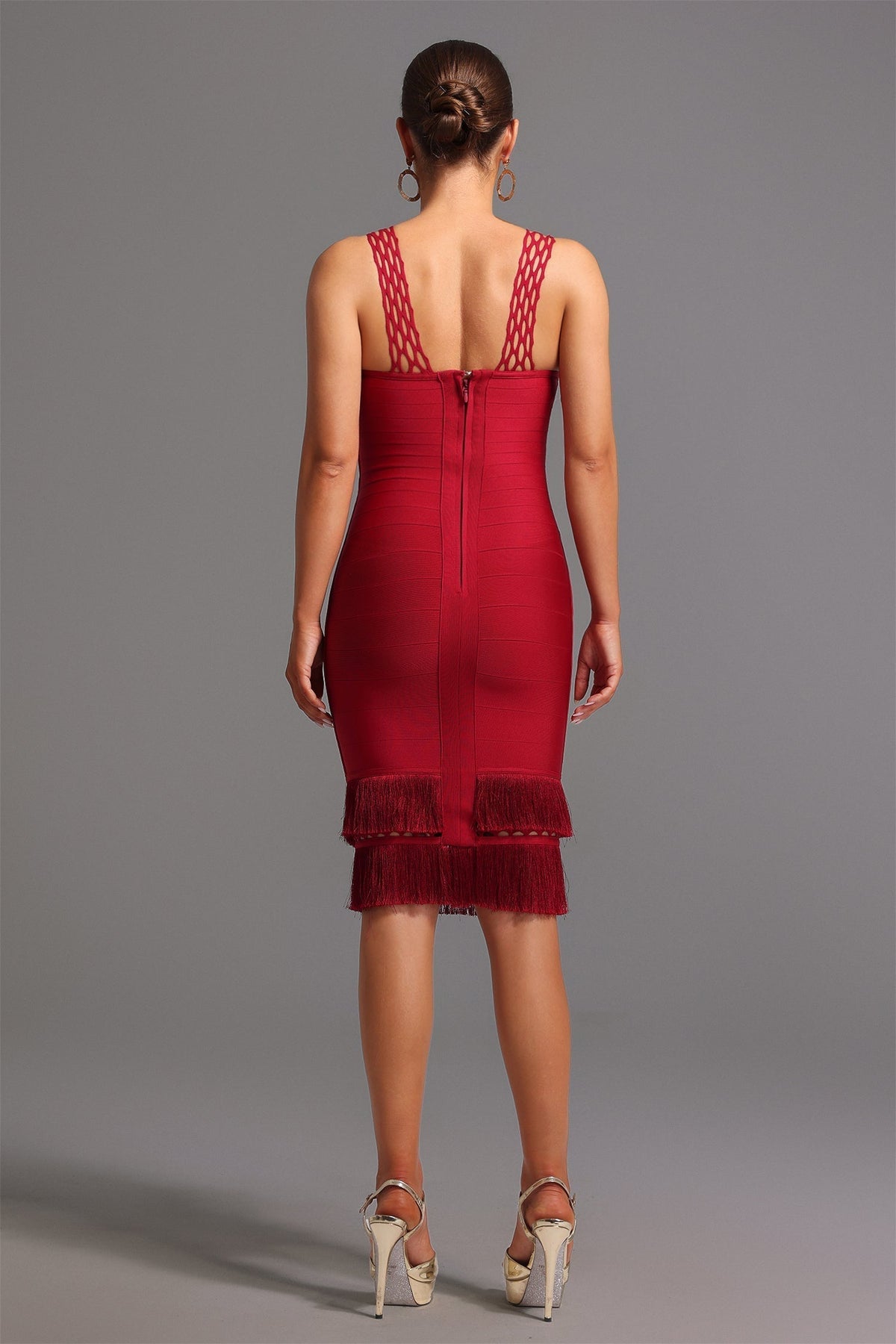 V-Neck Cage Strap Tiered Fringe Bandage Midi Dress