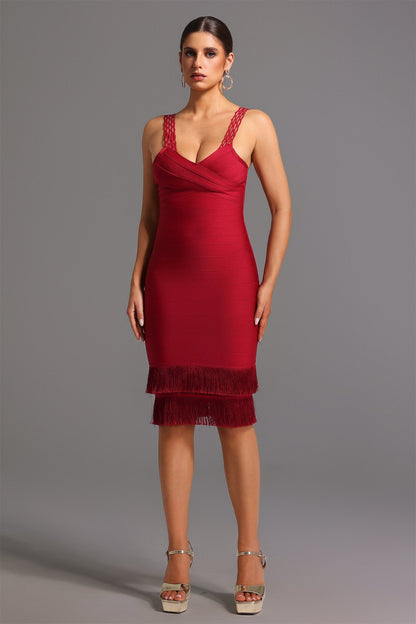 V-Neck Cage Strap Tiered Fringe Bandage Midi Dress