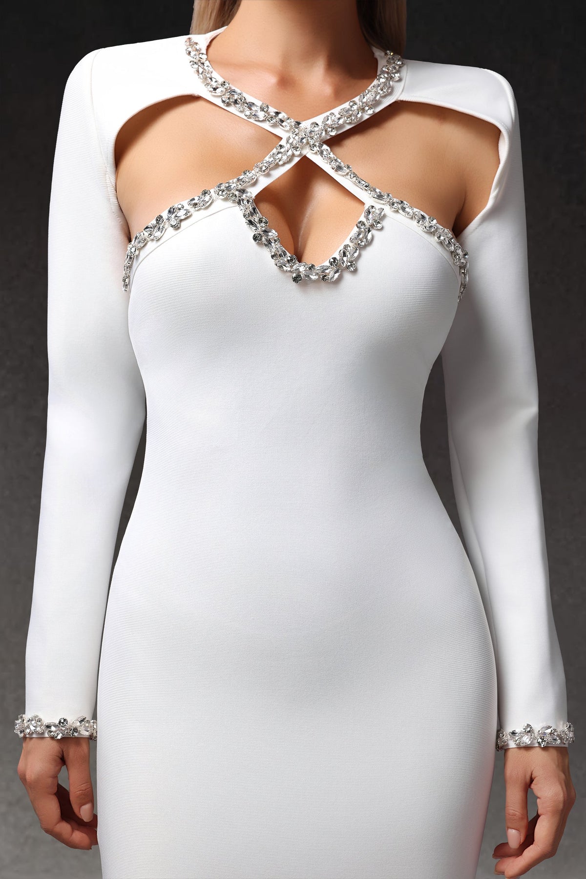Long Sleeve Criss Cross Cutout Rhinestone Trim Bandage Mini Dress