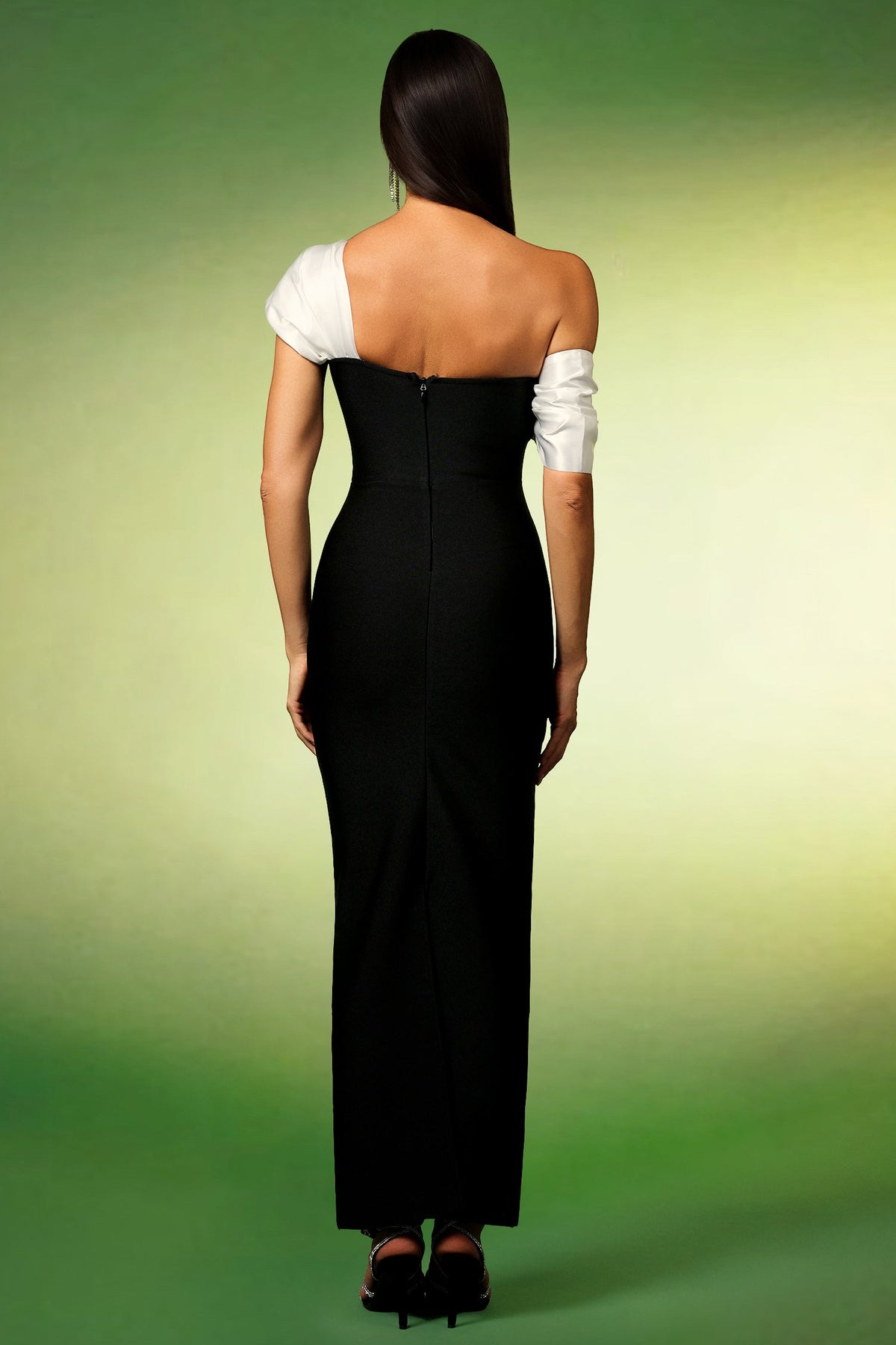 Asymmetric Draped Shoulder Crystal Embellished Column Maxi Gown