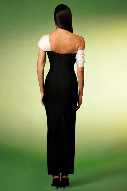 Asymmetric Draped Shoulder Crystal Embellished Column Maxi Gown