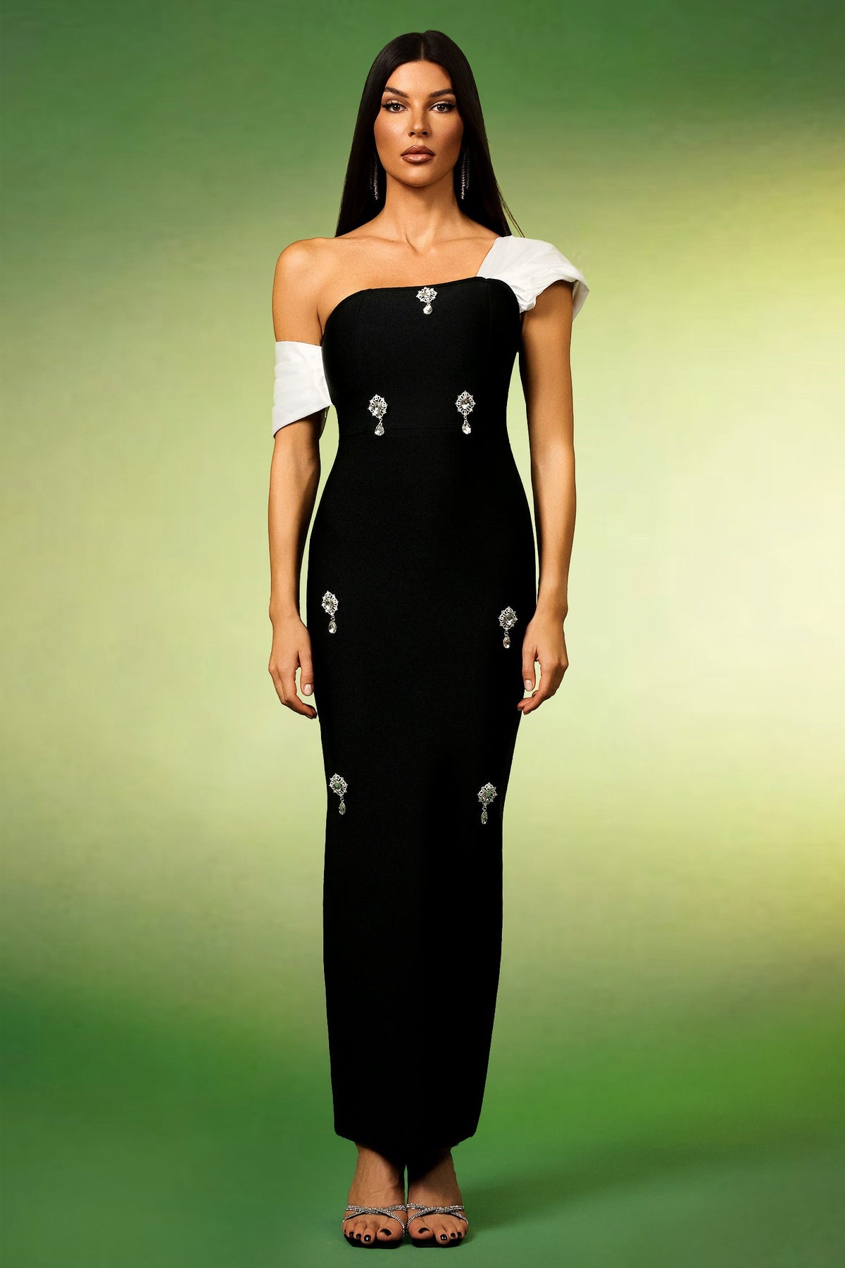 Asymmetric Draped Shoulder Crystal Embellished Column Maxi Gown