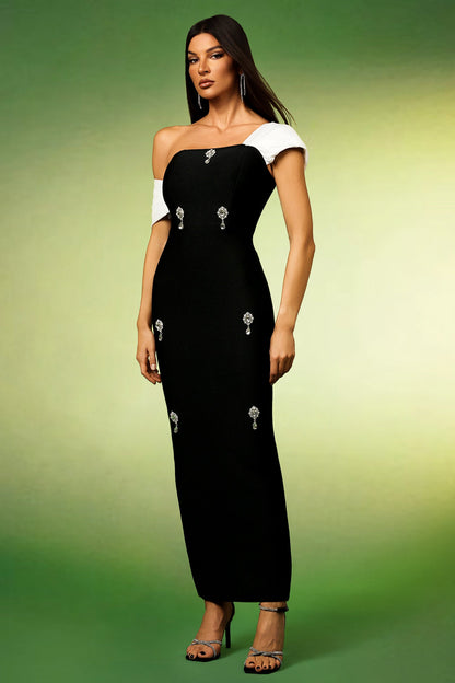 Asymmetric Draped Shoulder Crystal Embellished Column Maxi Gown