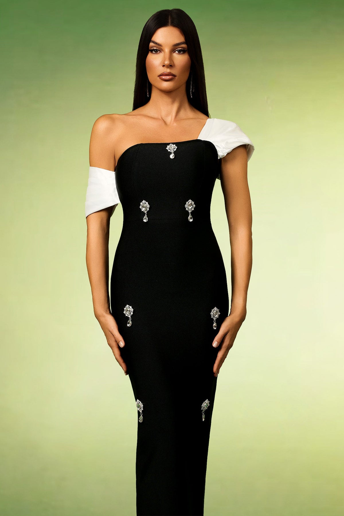 Asymmetric Draped Shoulder Crystal Embellished Column Maxi Gown