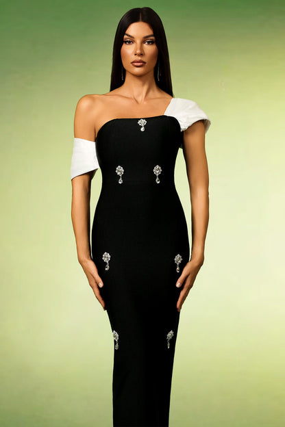 Asymmetric Draped Shoulder Crystal Embellished Column Maxi Gown