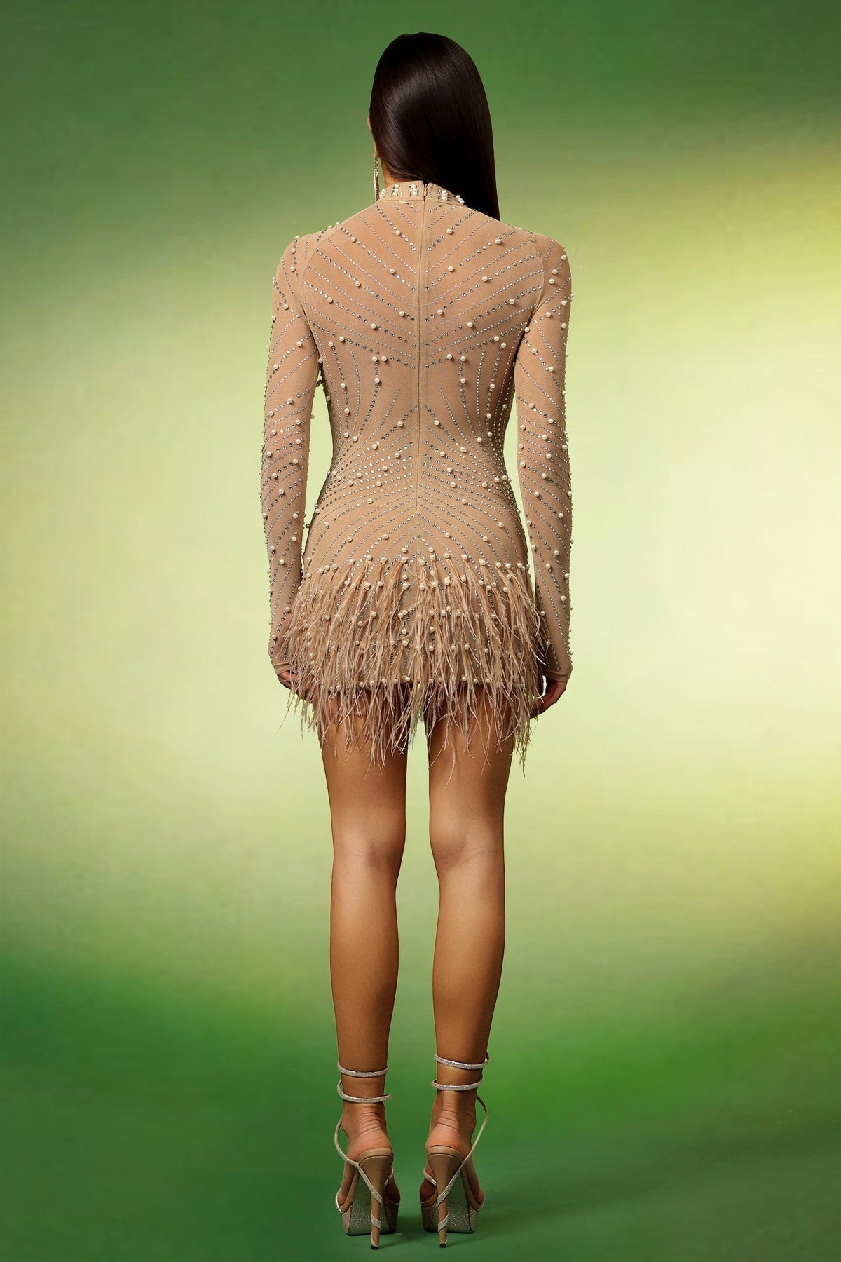 Mock Neck Long Sleeve Pearl Rhinestone Swirl Feather Trim Mini Dress