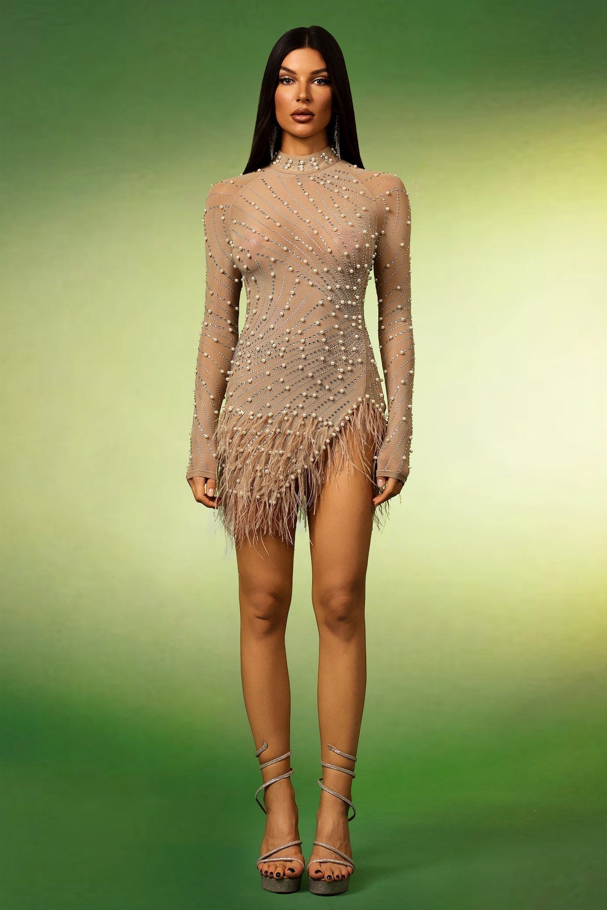 Mock Neck Long Sleeve Pearl Rhinestone Swirl Feather Trim Mini Dress