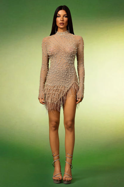 Mock Neck Long Sleeve Pearl Rhinestone Swirl Feather Trim Mini Dress