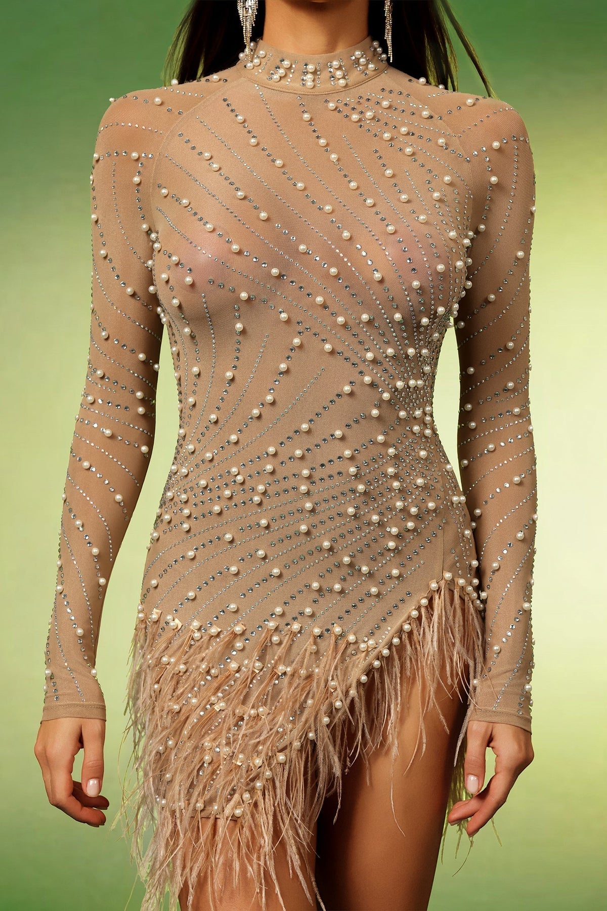 Mock Neck Long Sleeve Pearl Rhinestone Swirl Feather Trim Mini Dress