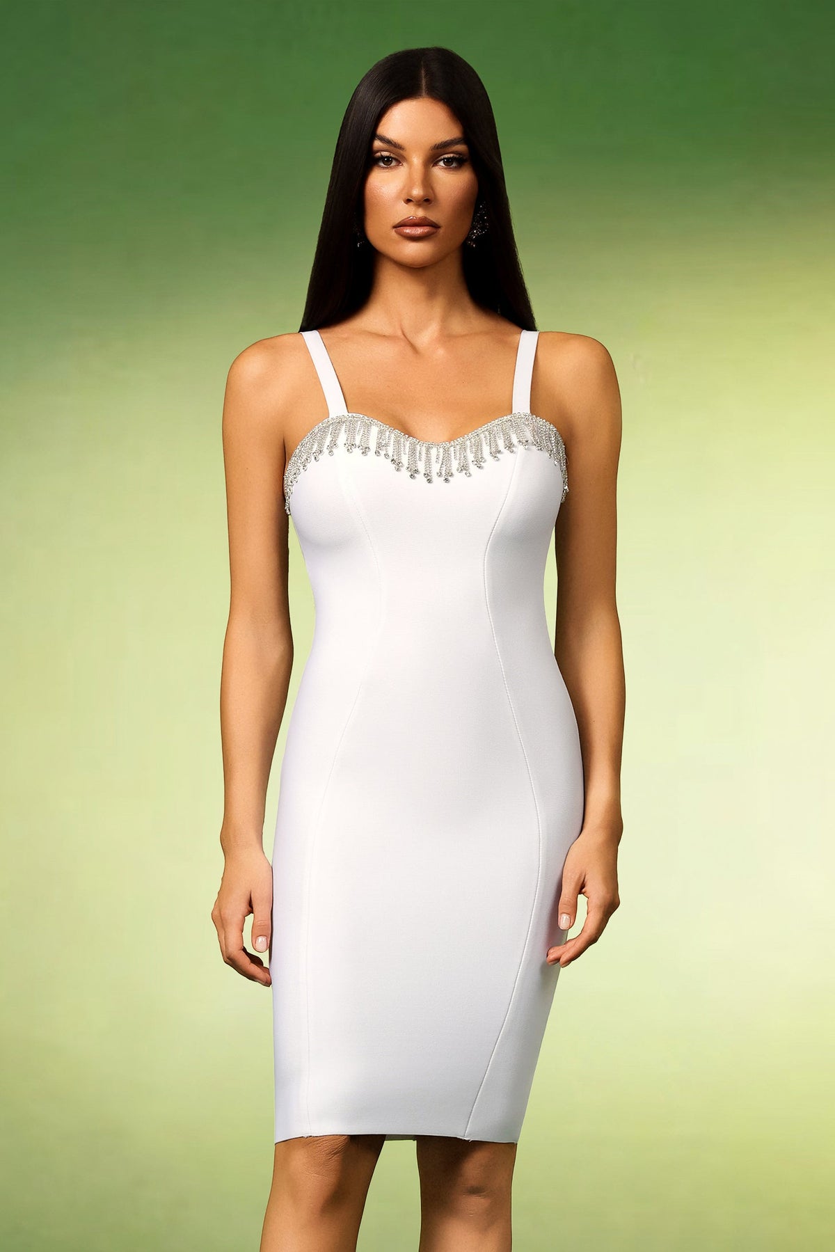 Sweetheart Crystal Fringe Neck Bandage Midi Dress