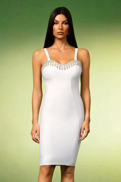 Sweetheart Crystal Fringe Neck Bandage Midi Dress