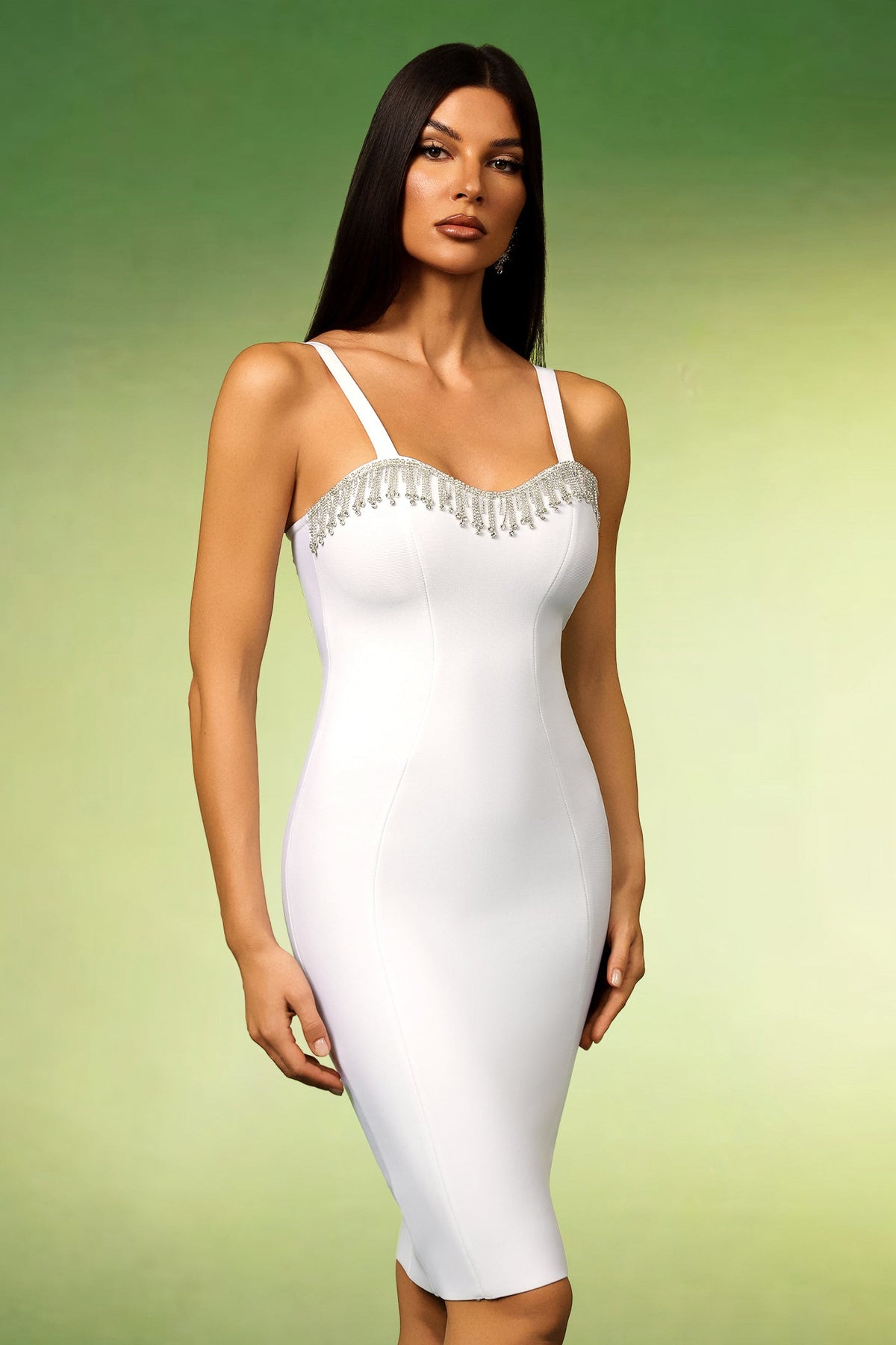 Sweetheart Crystal Fringe Neck Bandage Midi Dress