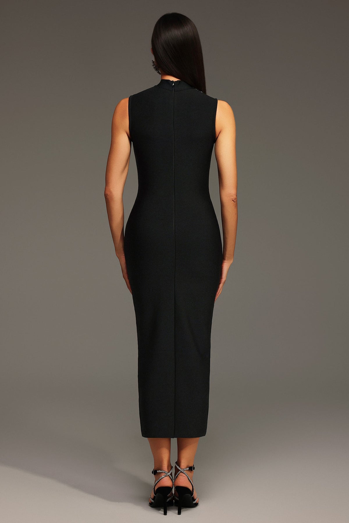 Sleeveless Mock Neck Rhinestone Sunburst Arch Slit Bandage Midi Dress